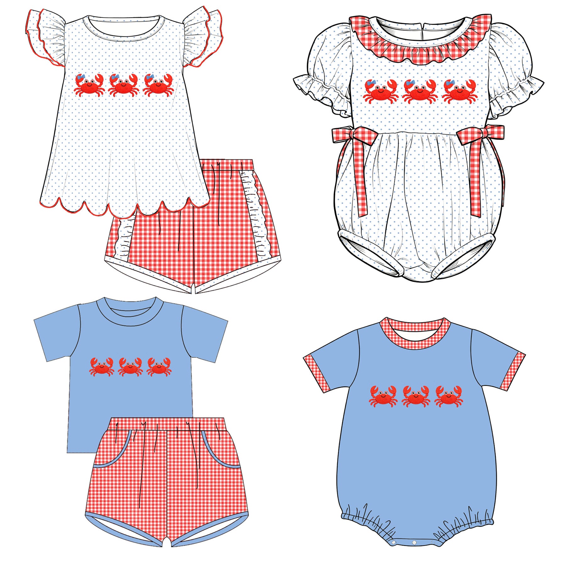 （Pre Order）Siblings Summer Crab Embroidery Dress,Set&Romper