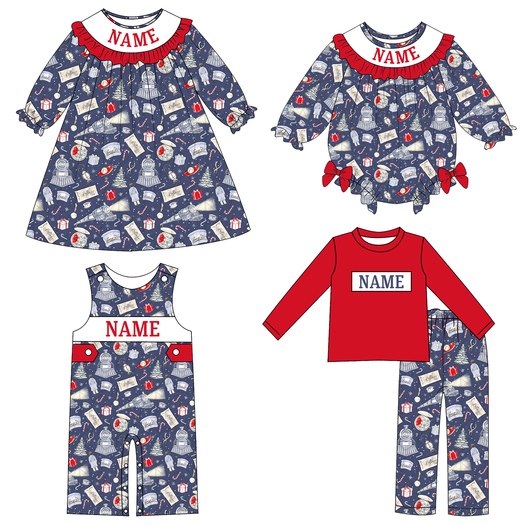 （Pre Order）Family Christmas Embroidery Smocked Dress,Set&Romper