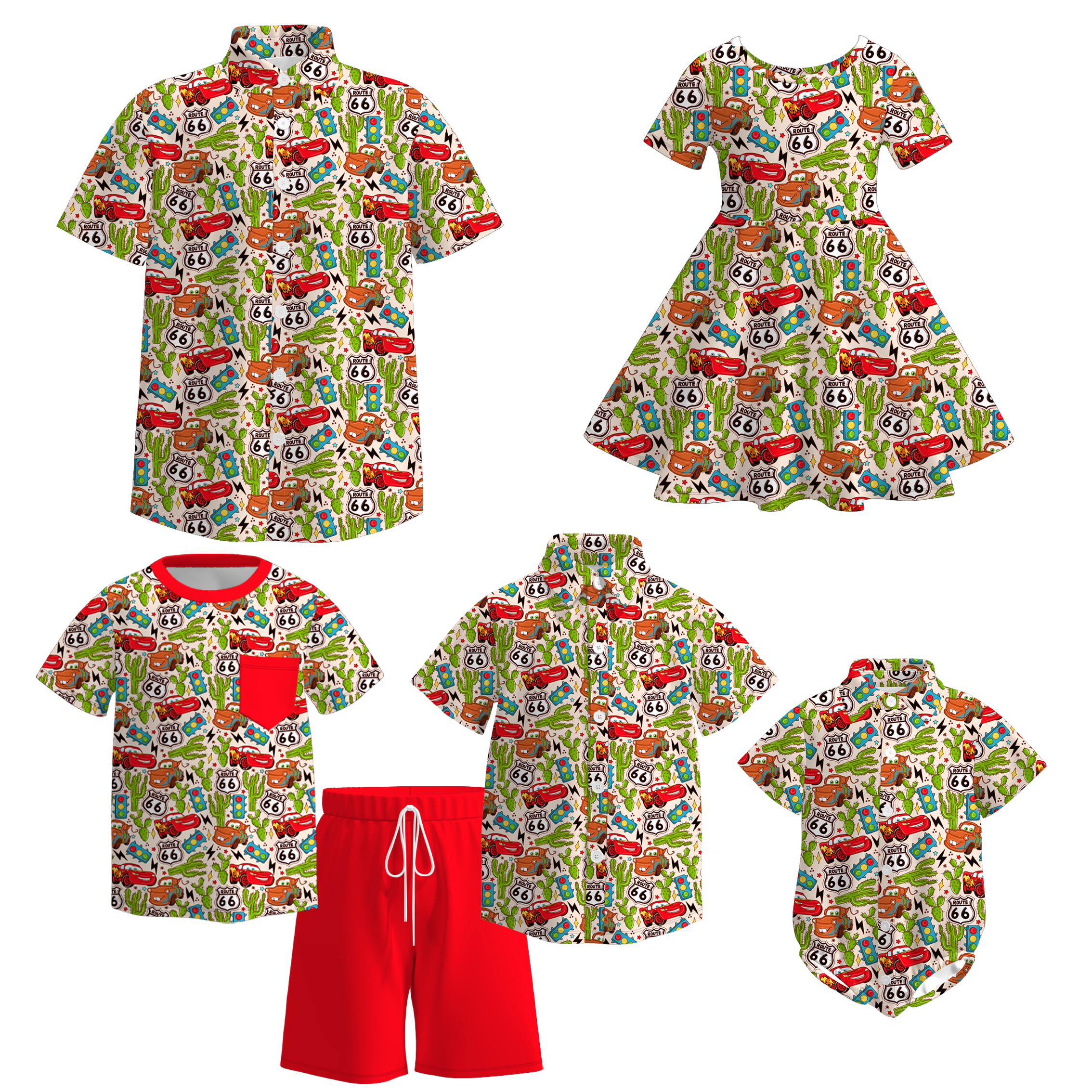 （Pre Order）Family Spring&Summer Cartoon Car Print Dress,Romper&Top