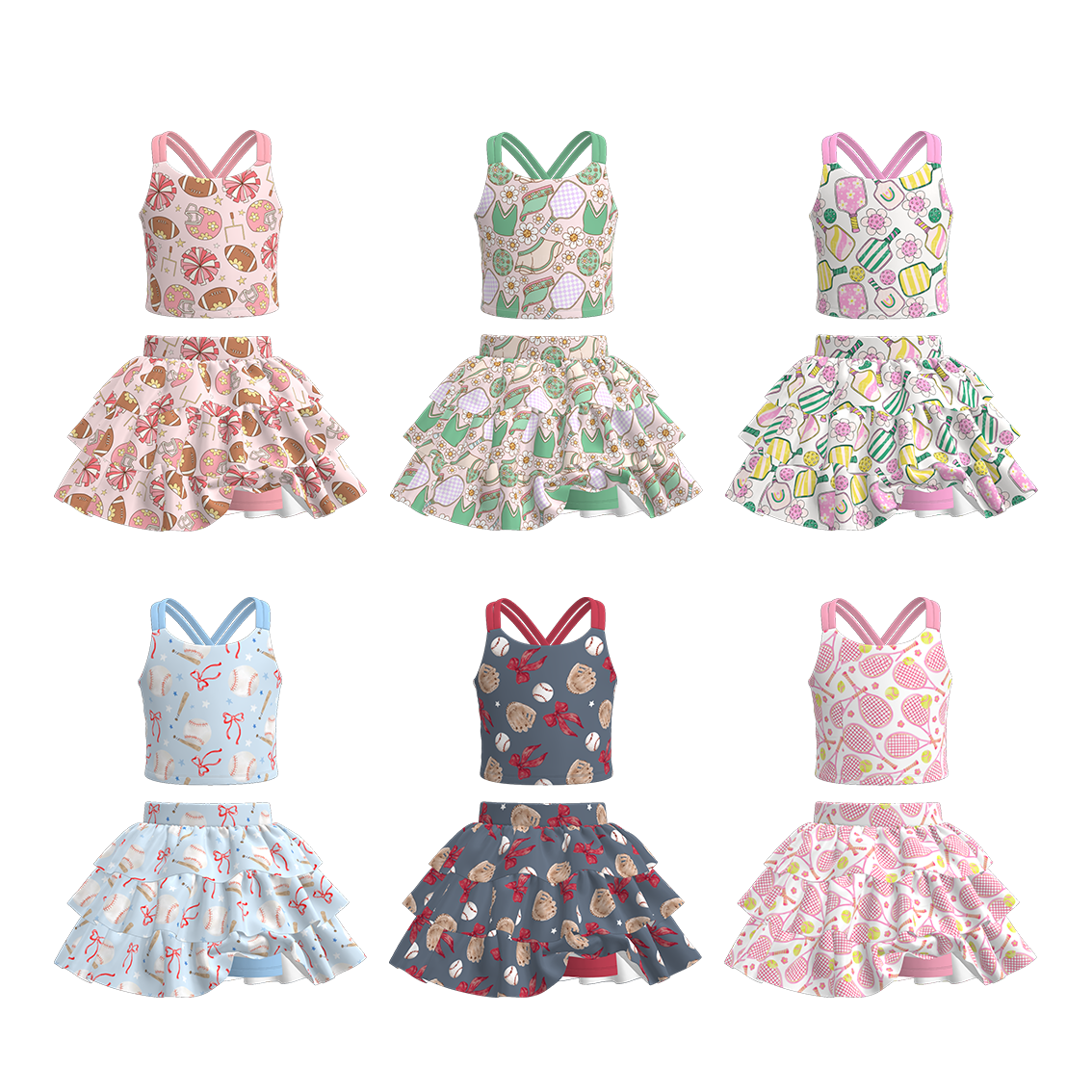 （Pre Order）Girls Spring and Summer Baseball Print Skort Set