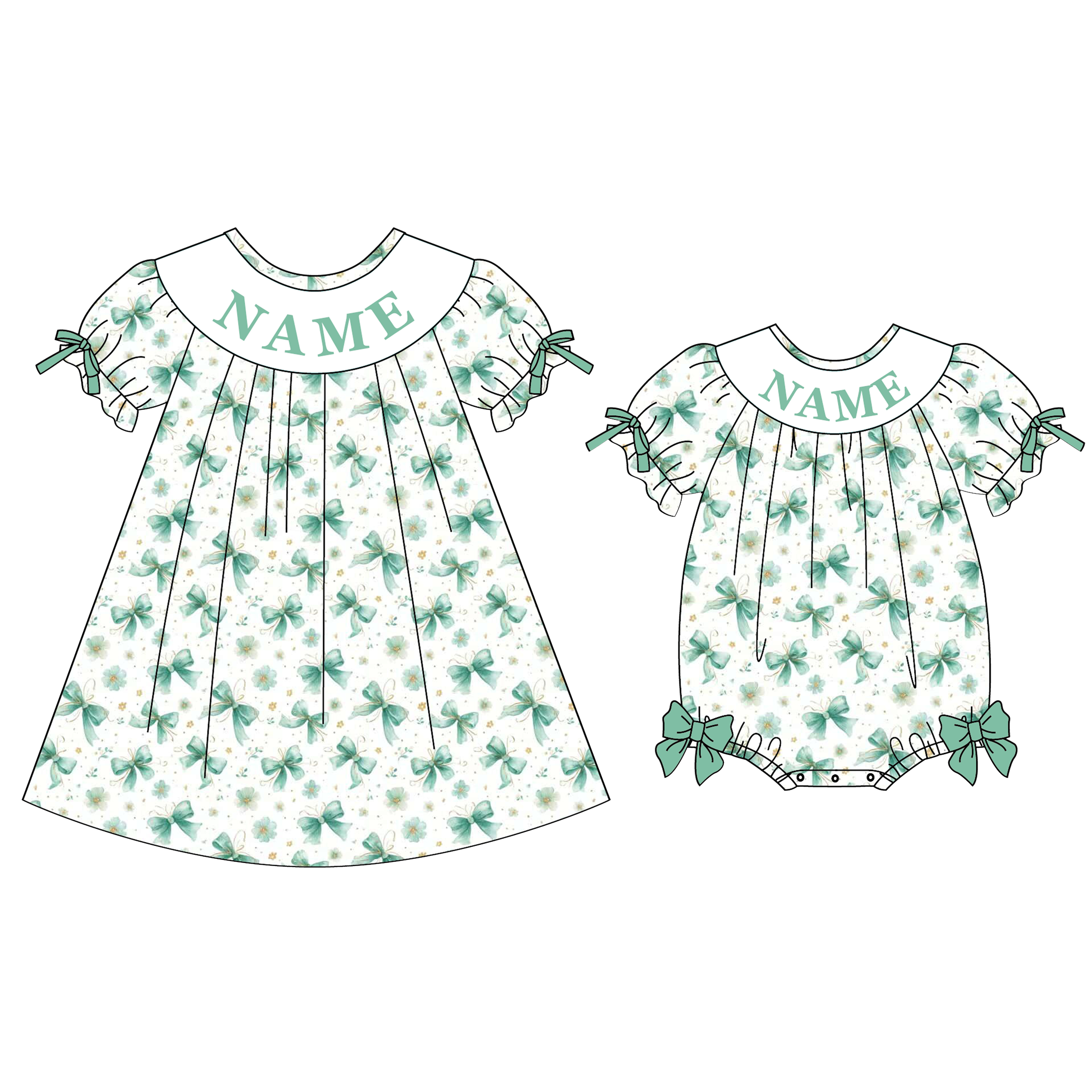 （Pre Order）Sisters St. Patrick's Day Bow Embroidery Smocked Dress&Romper