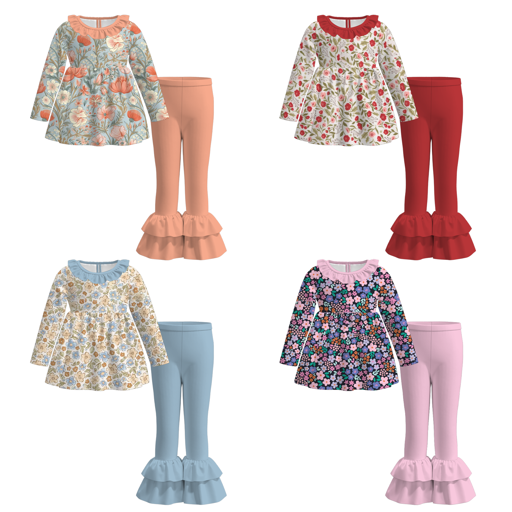 （Pre Order）Girls Fall&Winter Floral Print Ruffle Outfit Set