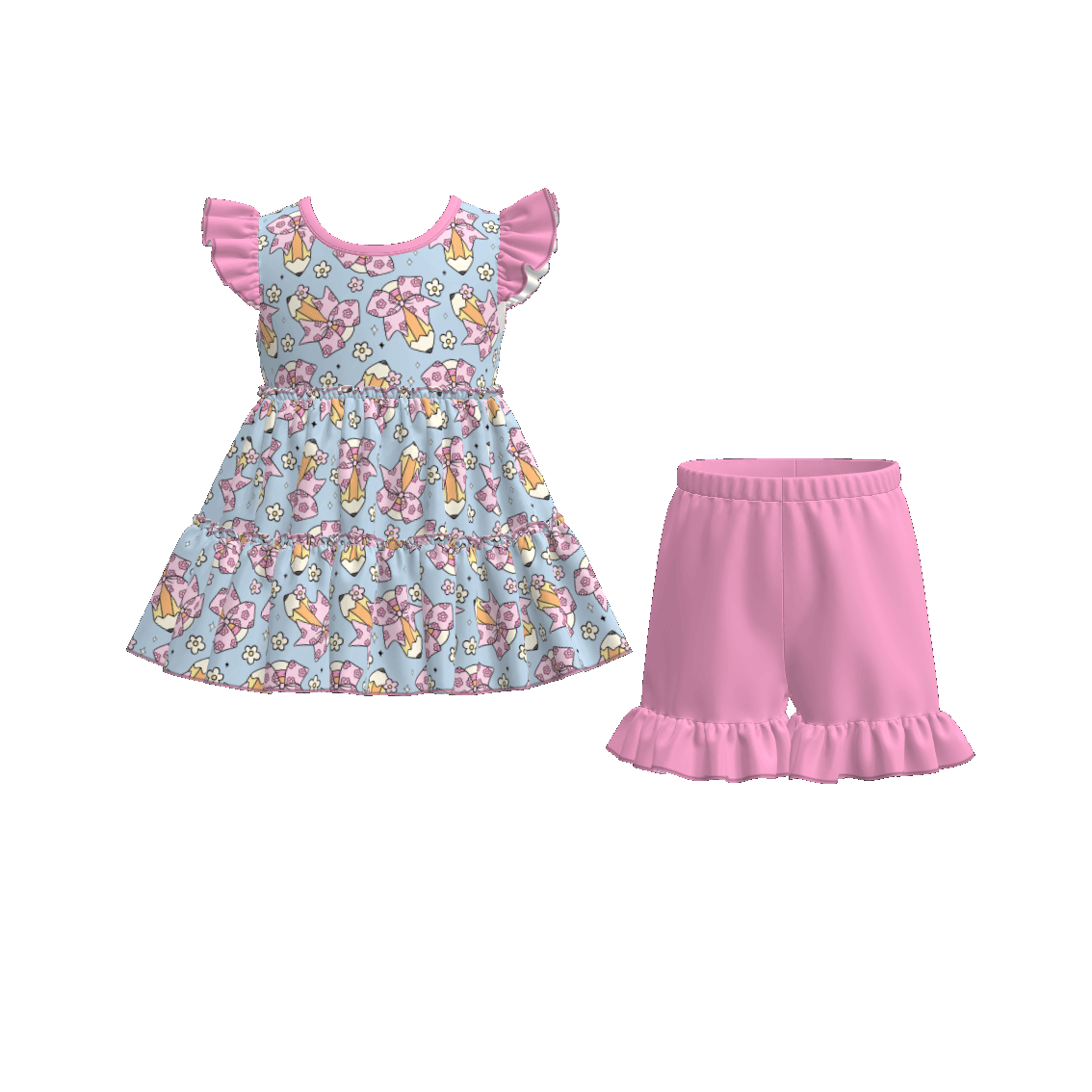 （Pre Order）Girls Summer Back To School Print Shorts Set