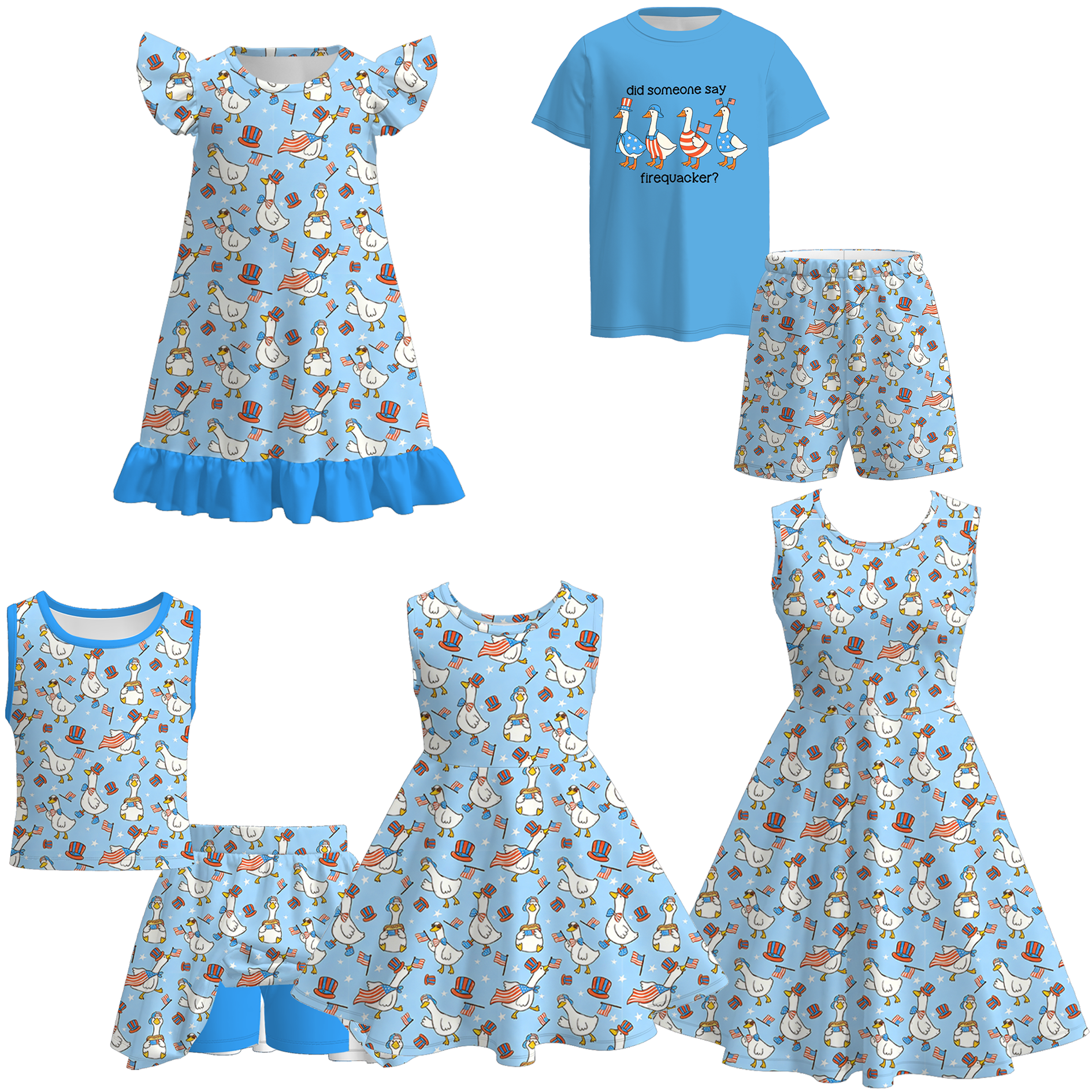 （Pre Order）Mommy and Me Patriotic Goose Print Dress,Set&Pajamas