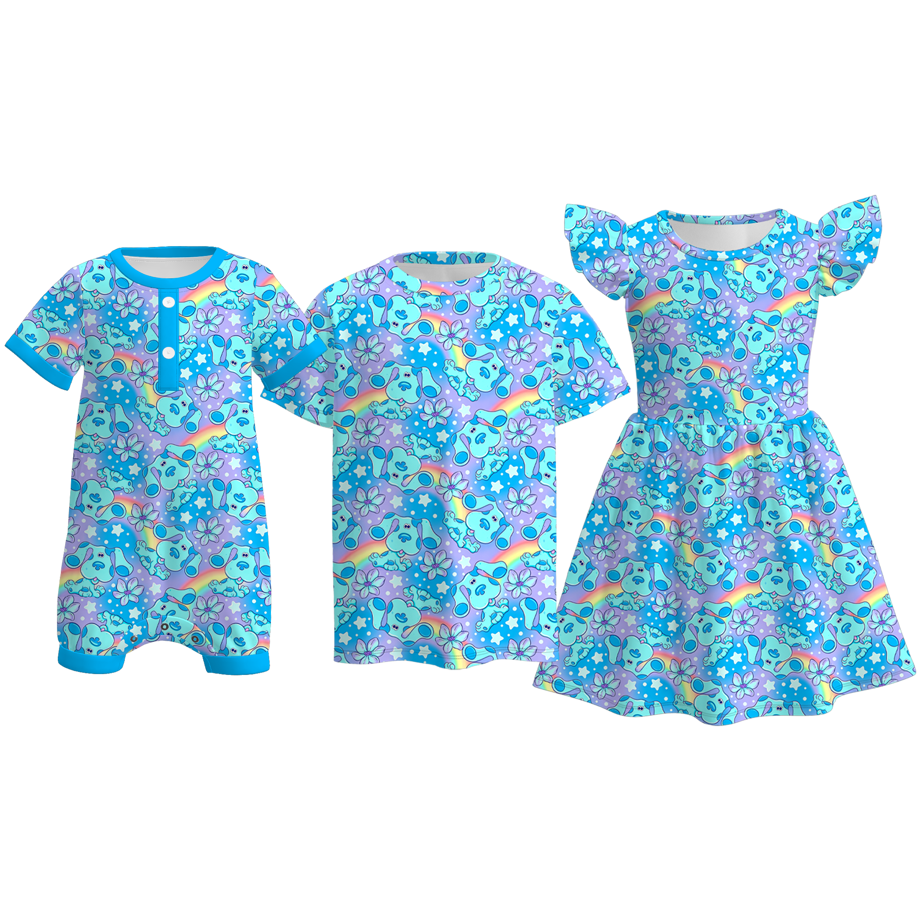 （Pre Order+Prepack Zone）Siblings Summer Rainbow Puppy Print Dress,Top&Romper