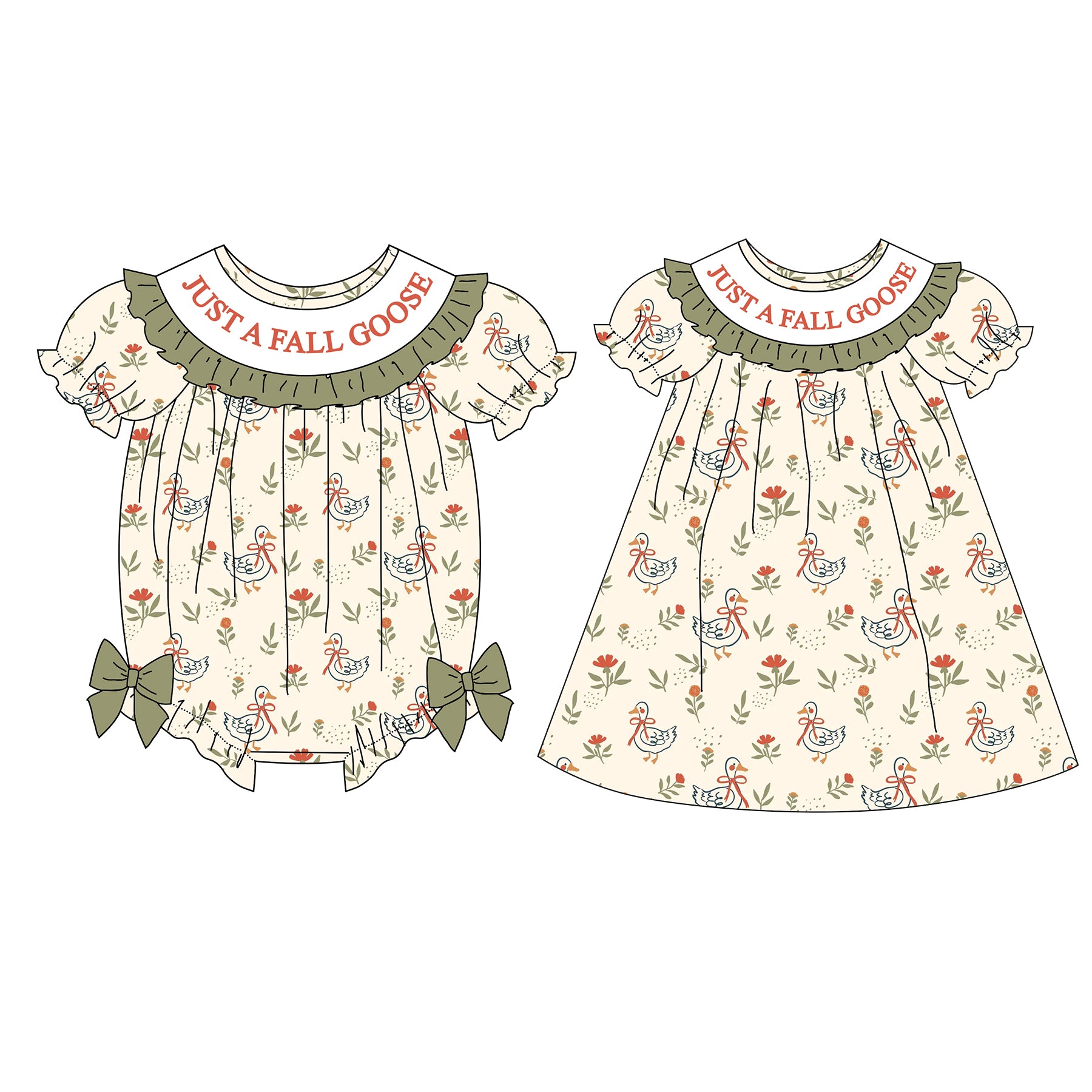 （Pre Order）Sisters Fall&Winter Goose Embroidery Smocked Dress&Romper