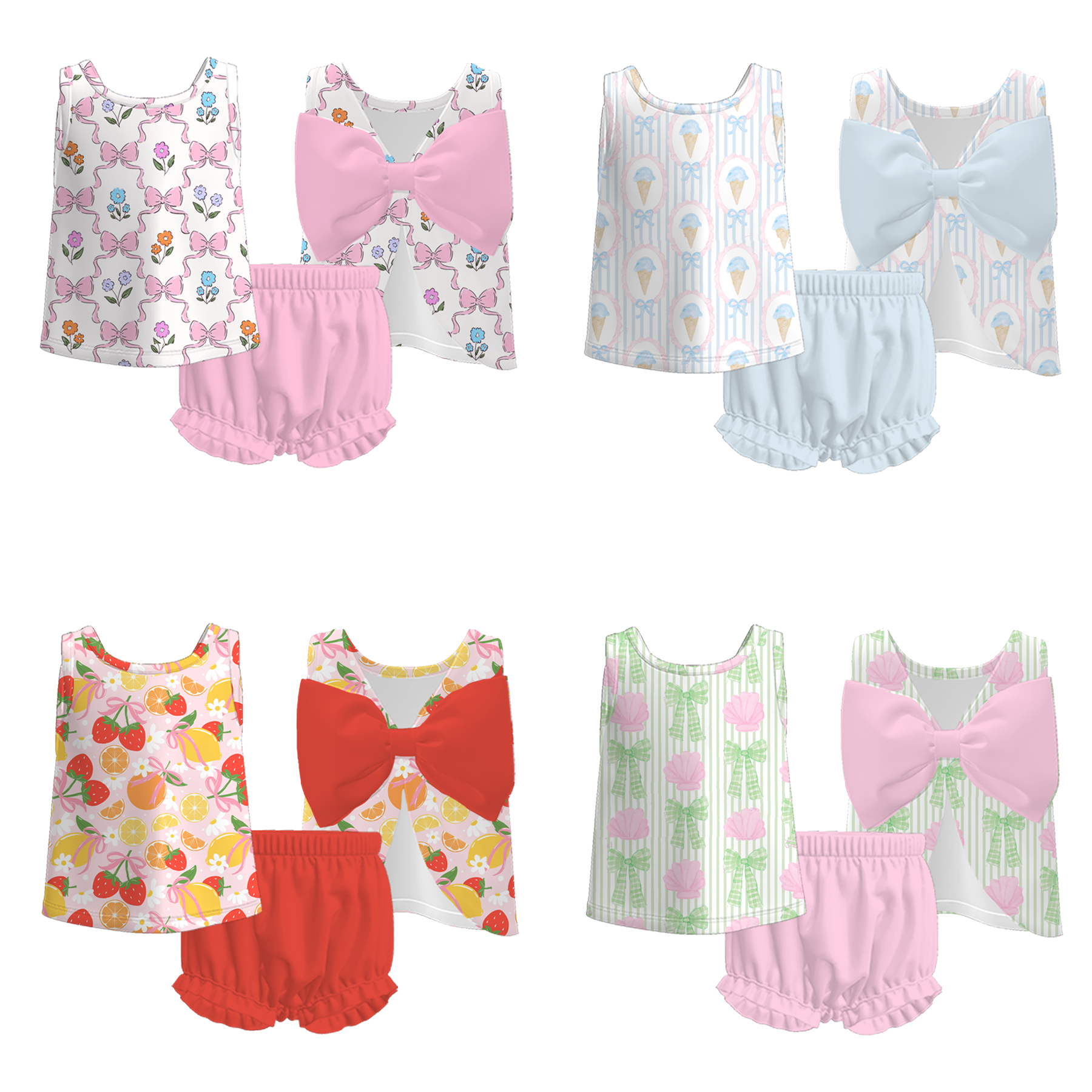 （Pre Order）Toddler Girls Spring and Summer Bow＆Ice Cream Print Bloomer Set