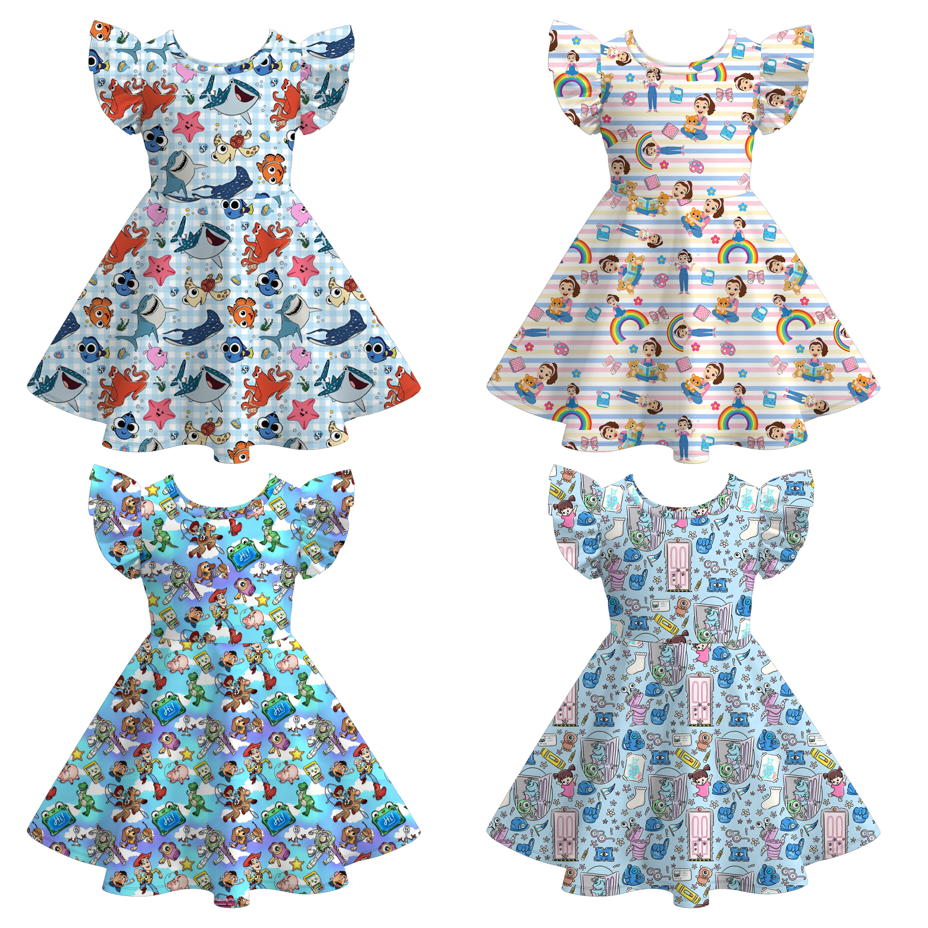 （Pre Order+Prepack Zone）Girls Cartoon Print Flying Sleeves Dress（Mix Size）