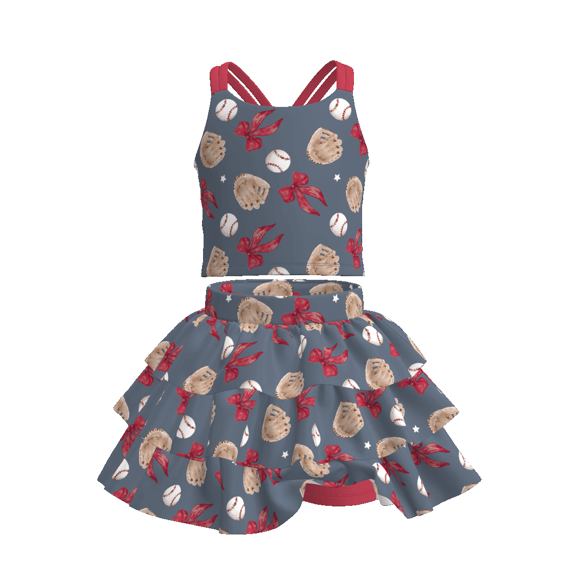 （Pre Order）Girls Spring and Summer Baseball Print Skort Set