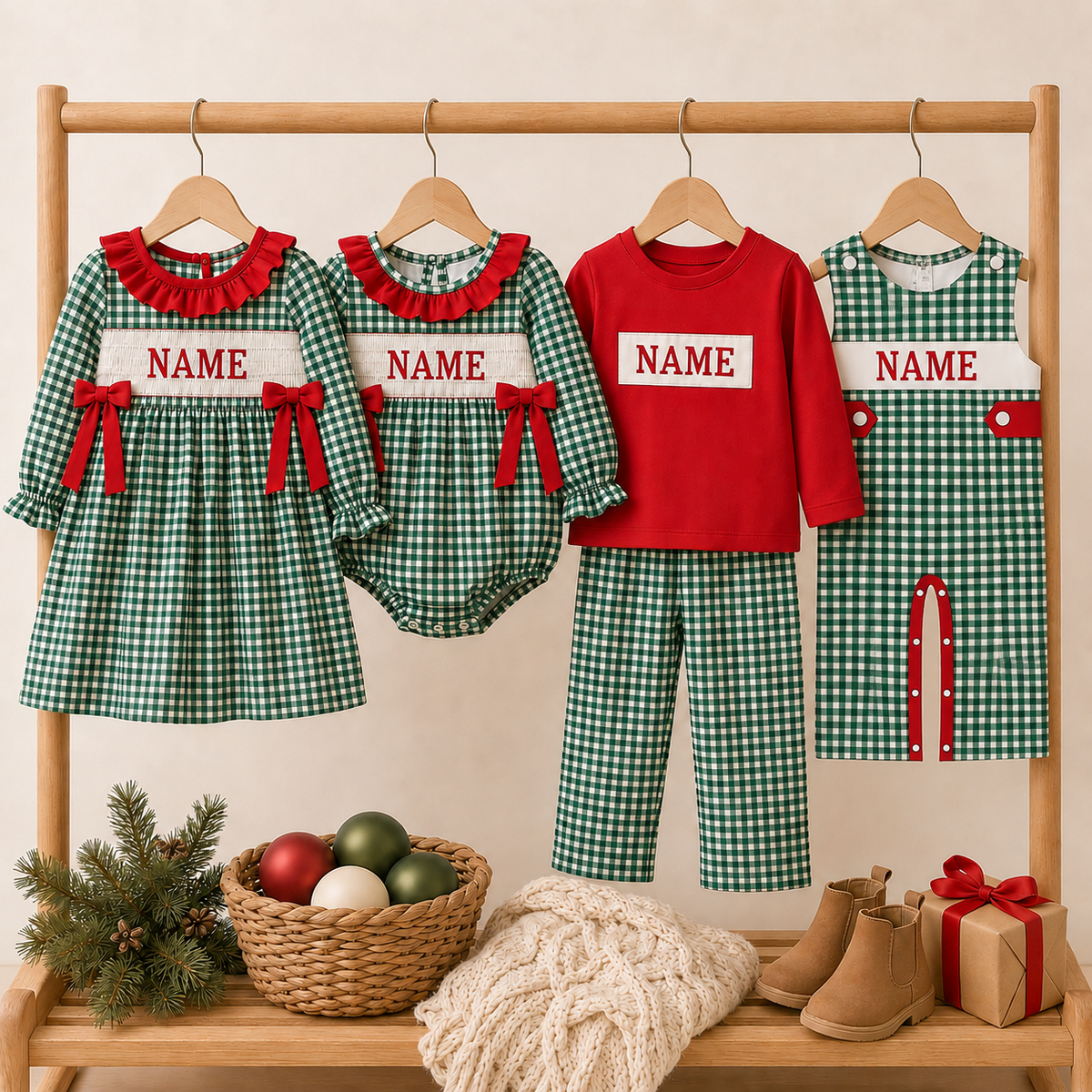（Pre Order）Siblings Christmas Embroidery Smocked Dress,Set&Romper