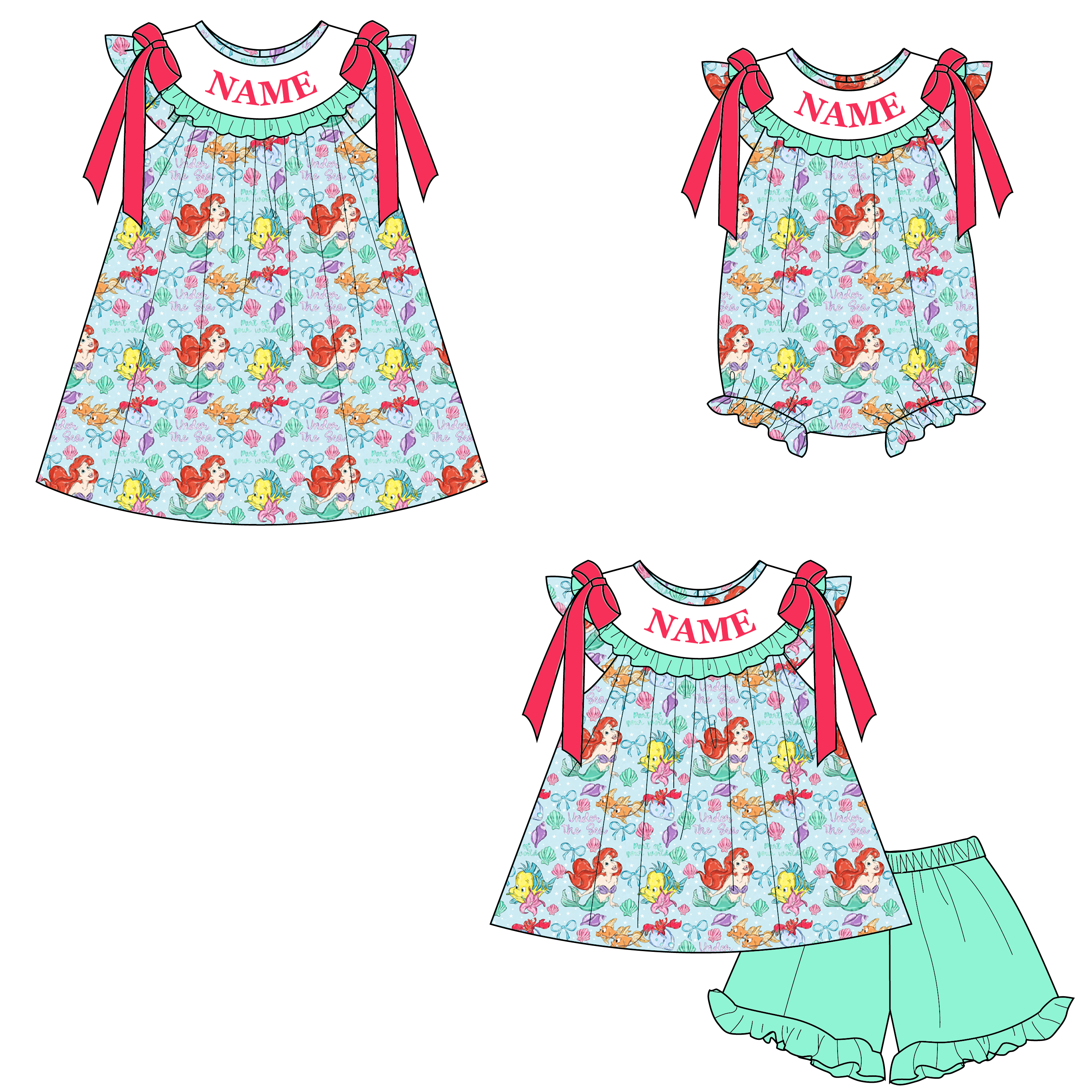 （Pre Order）Sisters Spring&Summer Mermaid Embroidery Smocked Dress,Set&Romper-Customized name