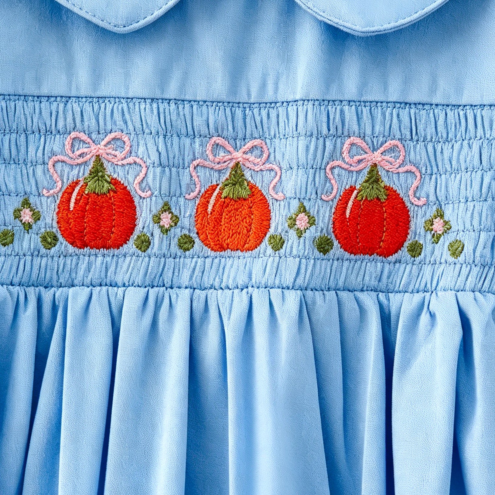 （In Stock）Toddler Girls Pumpkin Embroidery Smocked Cotton Romper