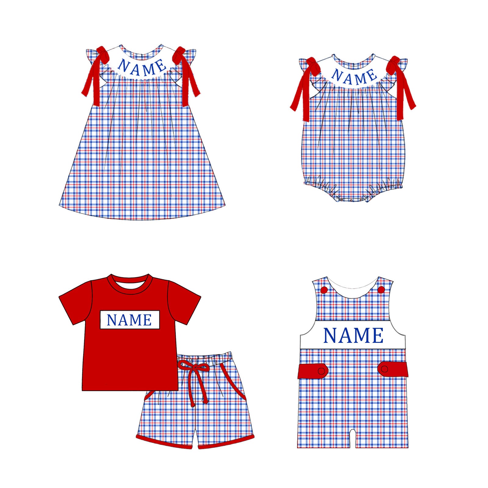 （Pre Order）Siblings Patriotic Embroidery Smocked Dress,Set&Romper-Customized name