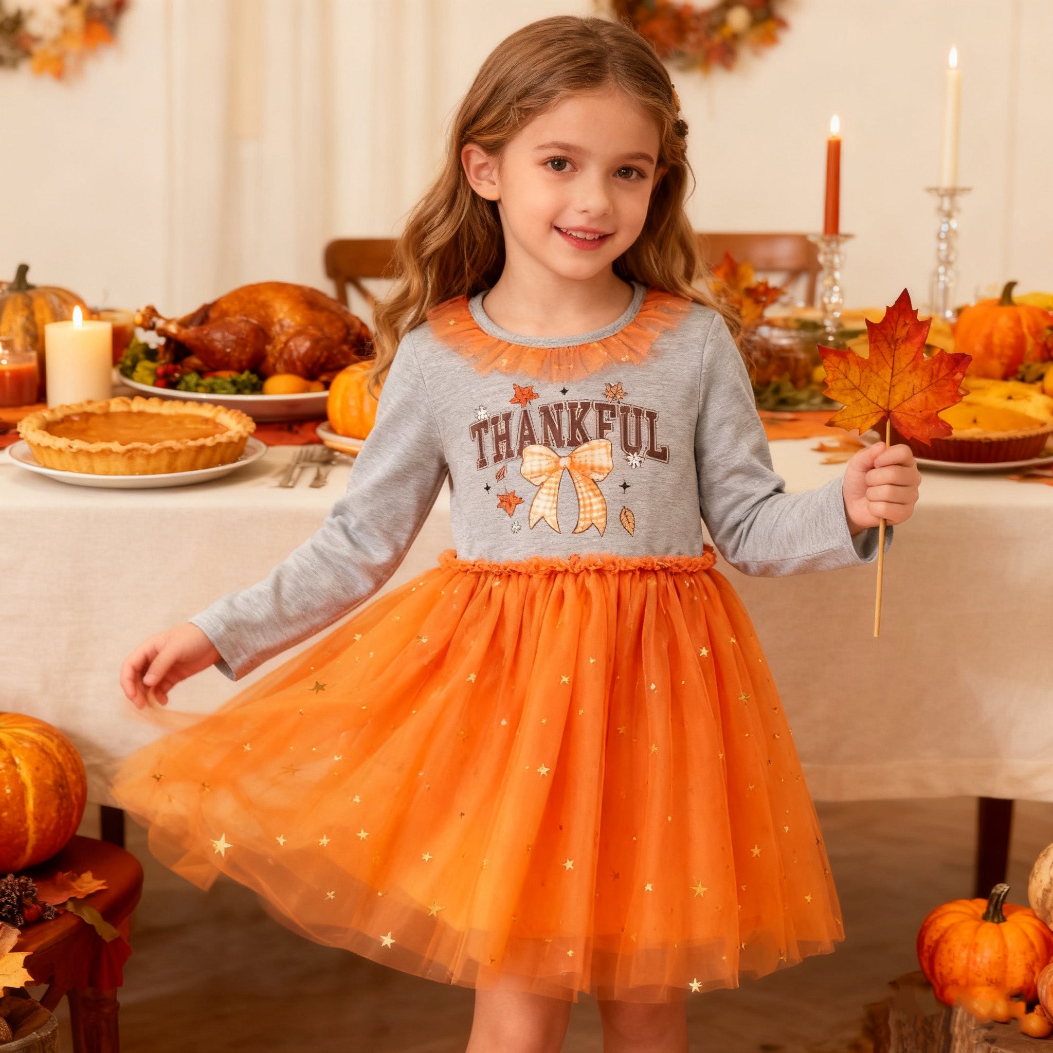 （In Stock）Girls Thanksgiving Print Tulle Dress