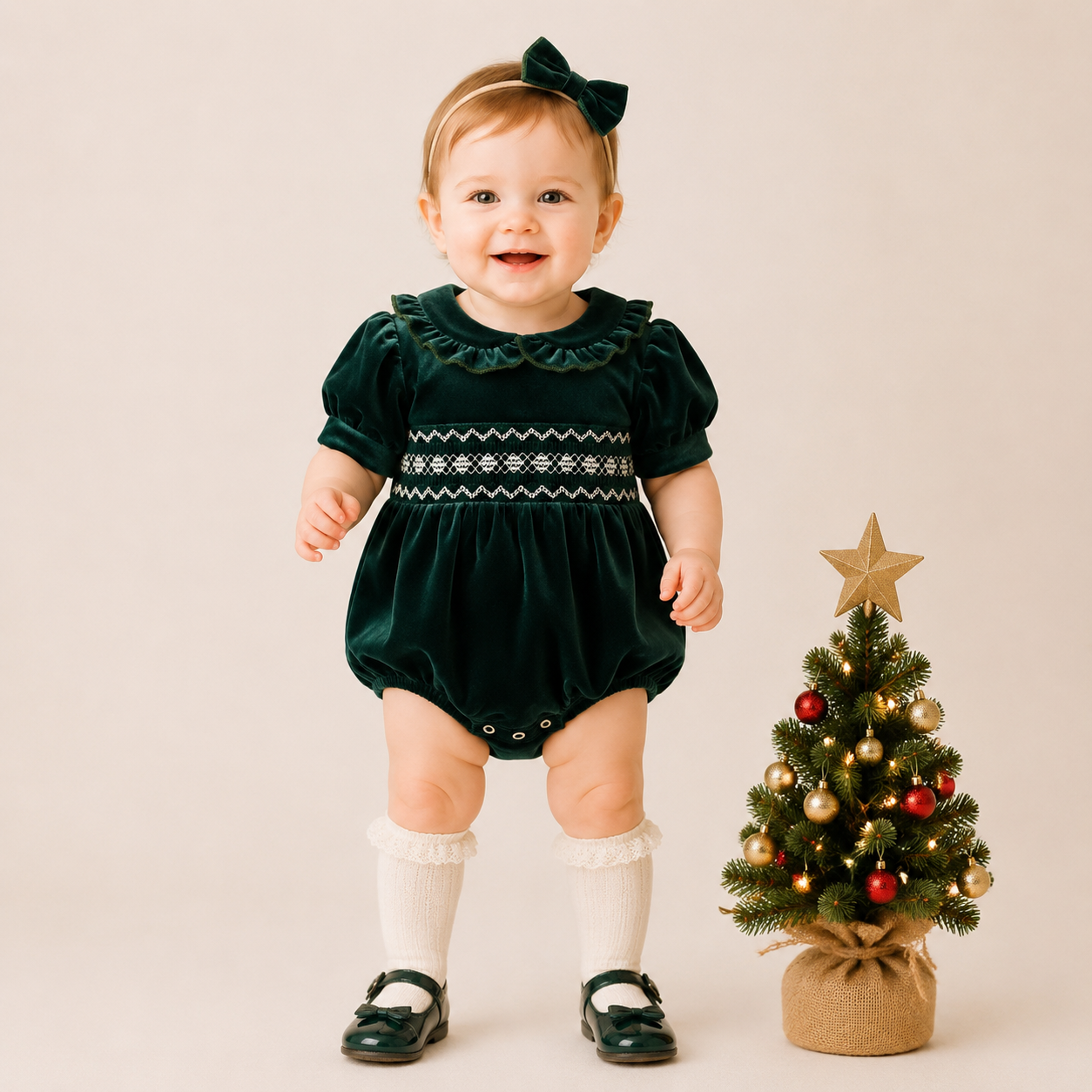 （In Stock）Toddler Girls Christmas Green Velvet Smocked Romper