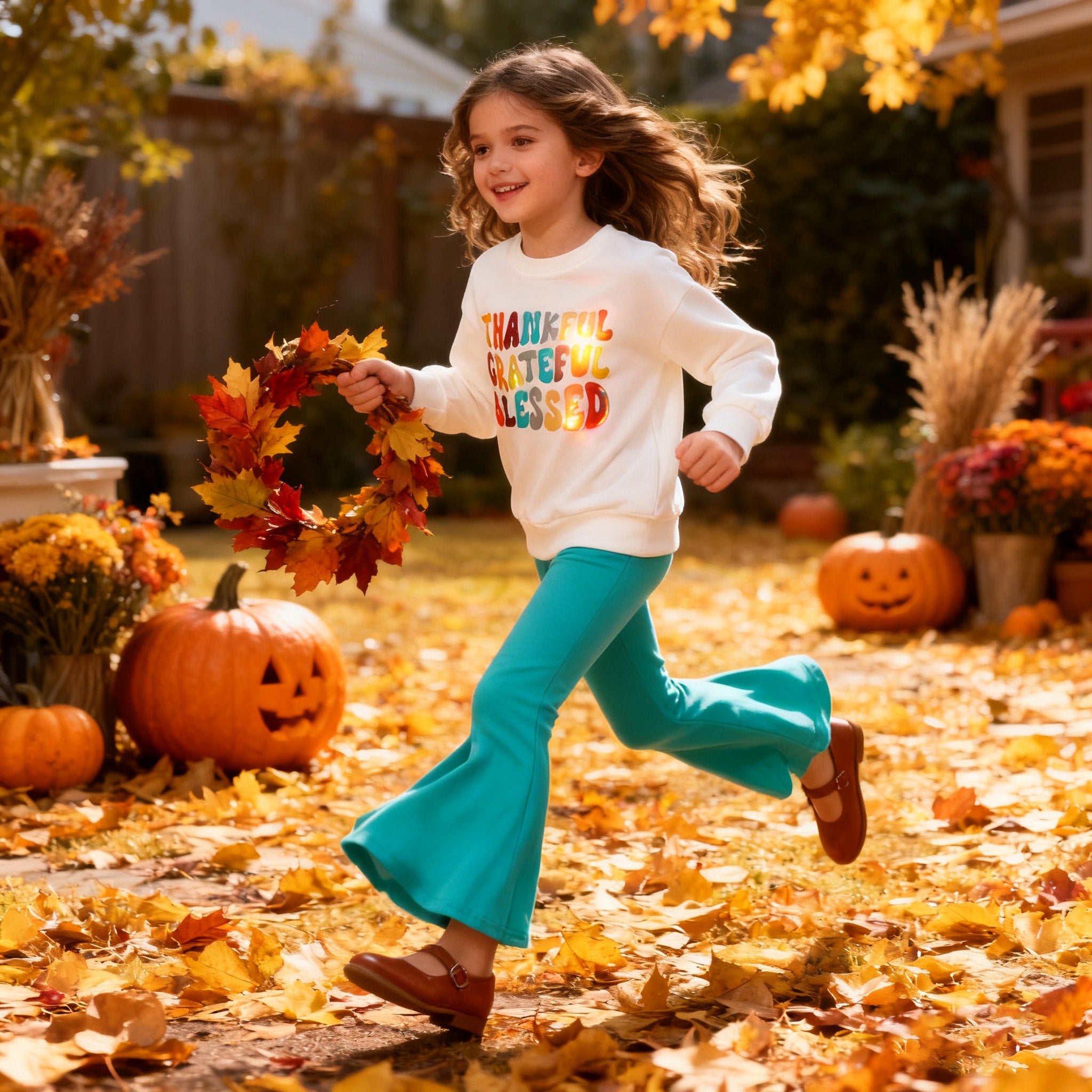 （In Stock）Girls Thanksgiving Print Cotton Outfit Set