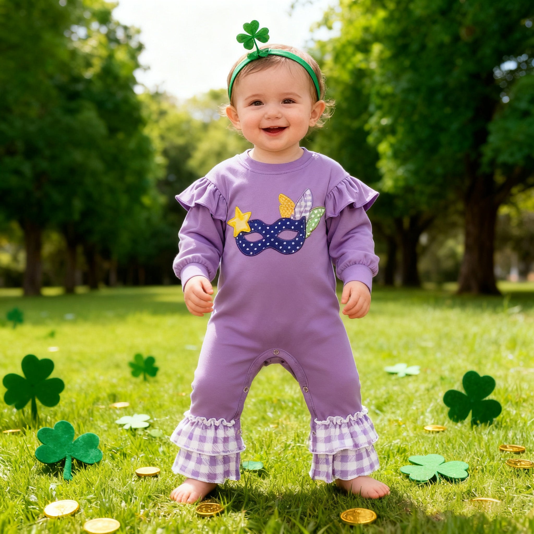 （In Stock）Toddler Girls Mardi Gras Applique Cotton Romper