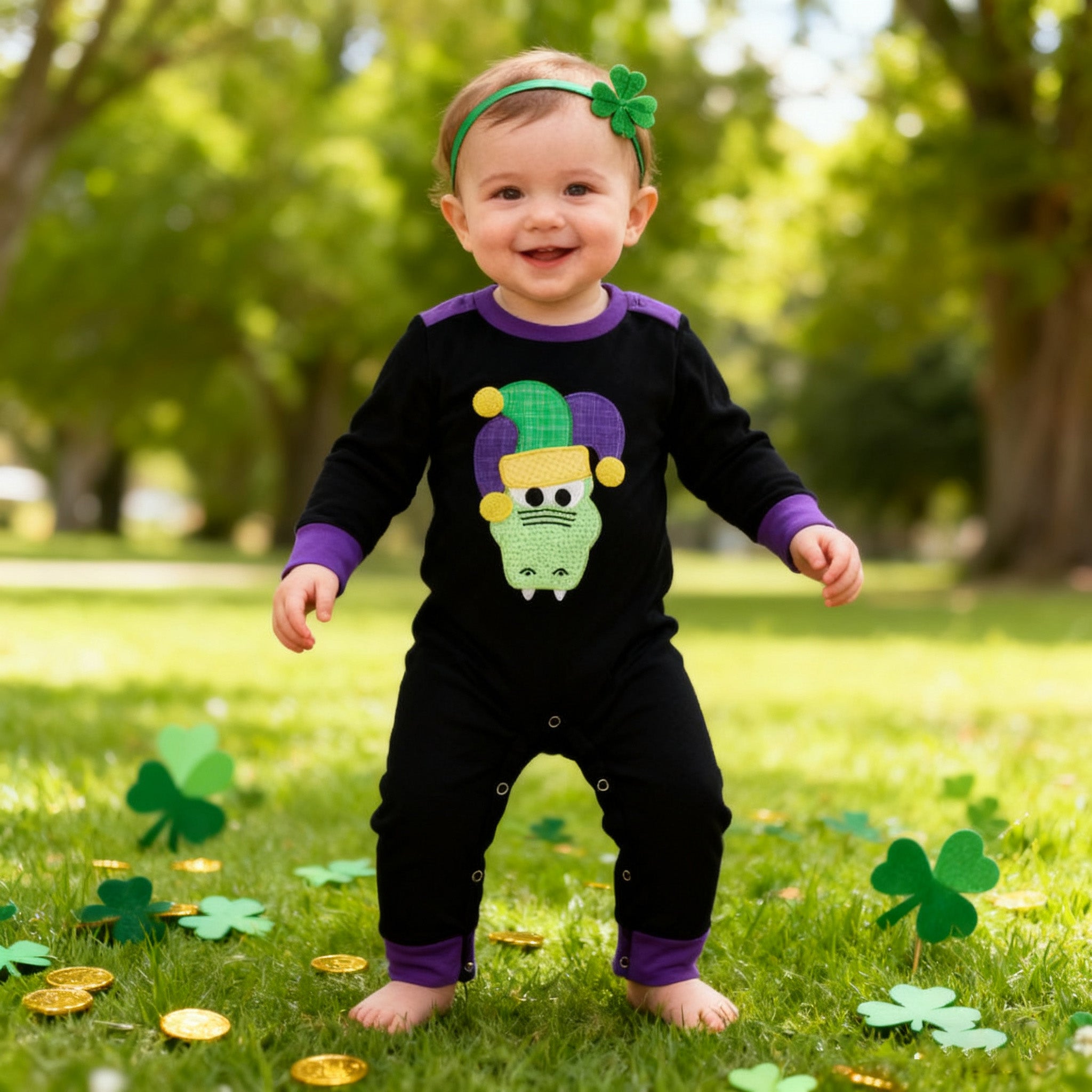 （In Stock）Toddler Boys Mardi Gras Applique Cotton Romper
