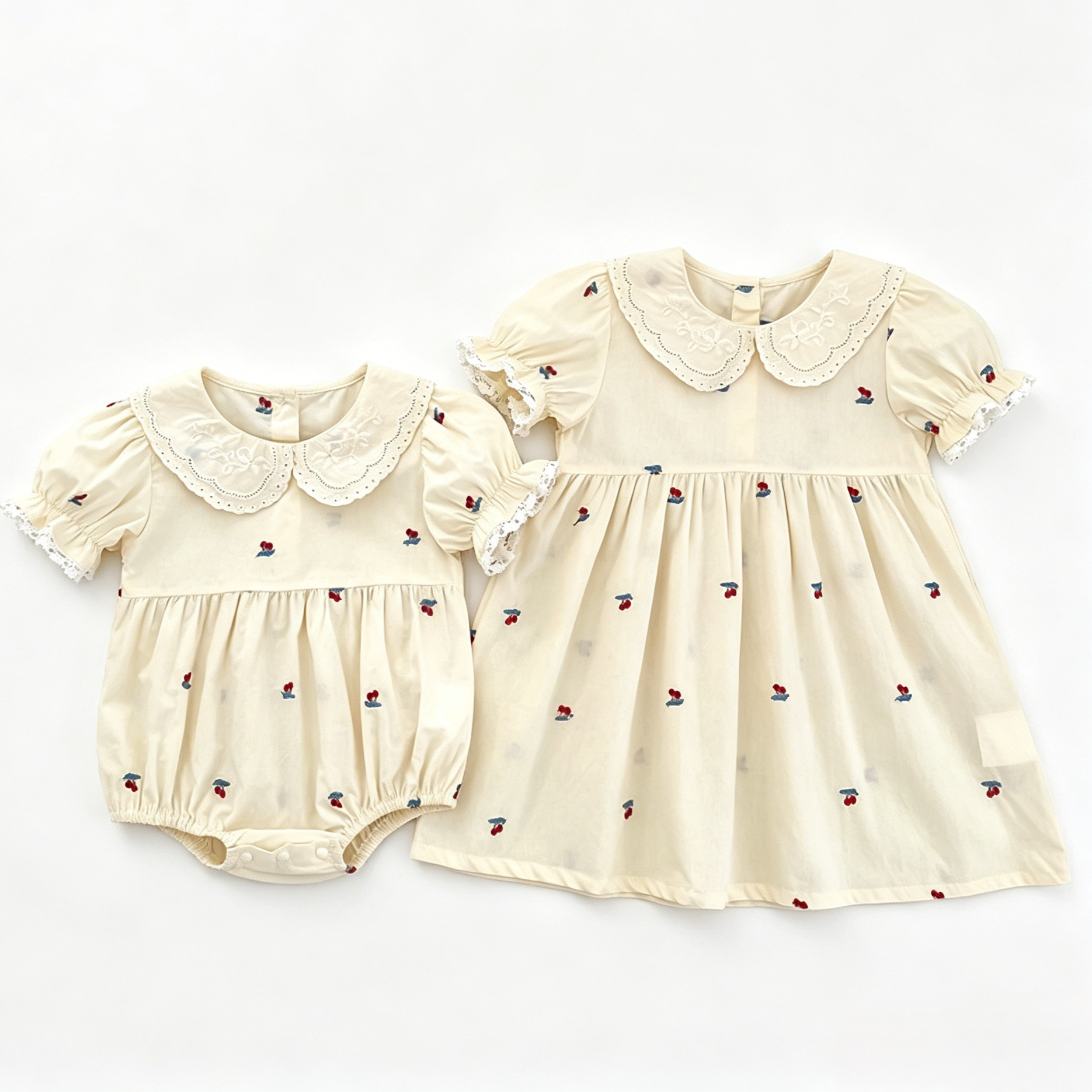 （Pre Order 2 Weeks）Sisters Cherry Embroidery Baby Collar Dress&Romper
