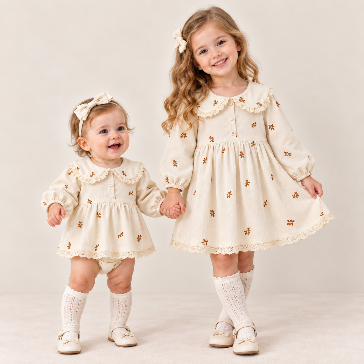 （Pre Order 2 Weeks）Sisters Fall Floral Embroidery Ruffle Collar Dress&Romper