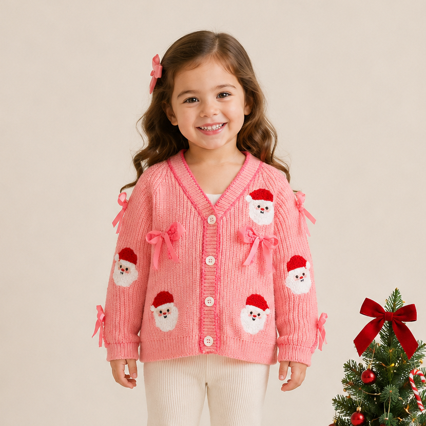 （In Stock）Girls Christmas Santa Claus Chenille Patches Cardigan Jacket