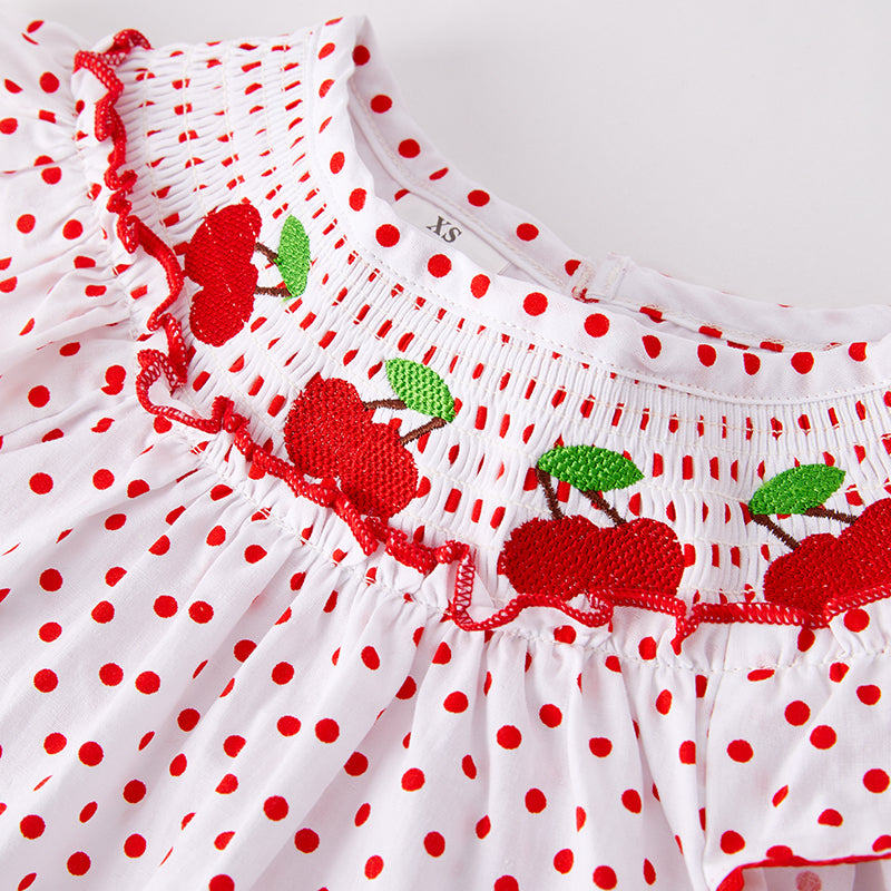 （In Stock）Girls Spring and Summer Cherry Embroidery Smocked Dress