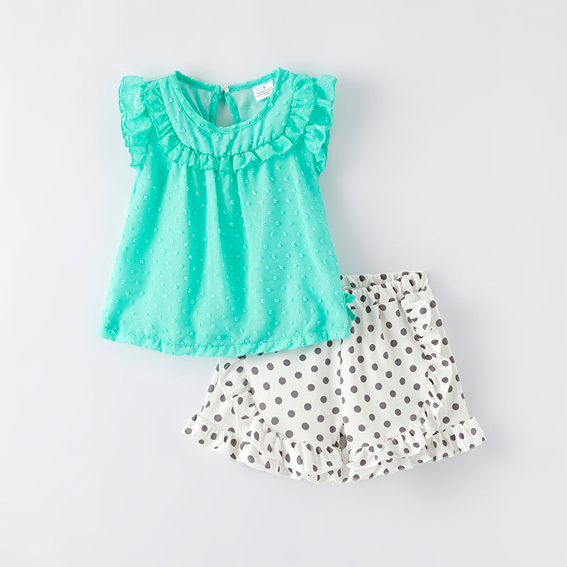 （In Stock）Girls Spring and Summer Mint Swiss Dot Top Milk Silk Shorts Set