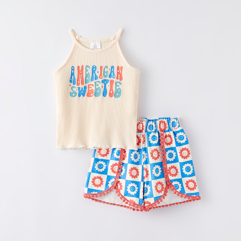 （In Stock）Girls Patriotic Print Shorts Set