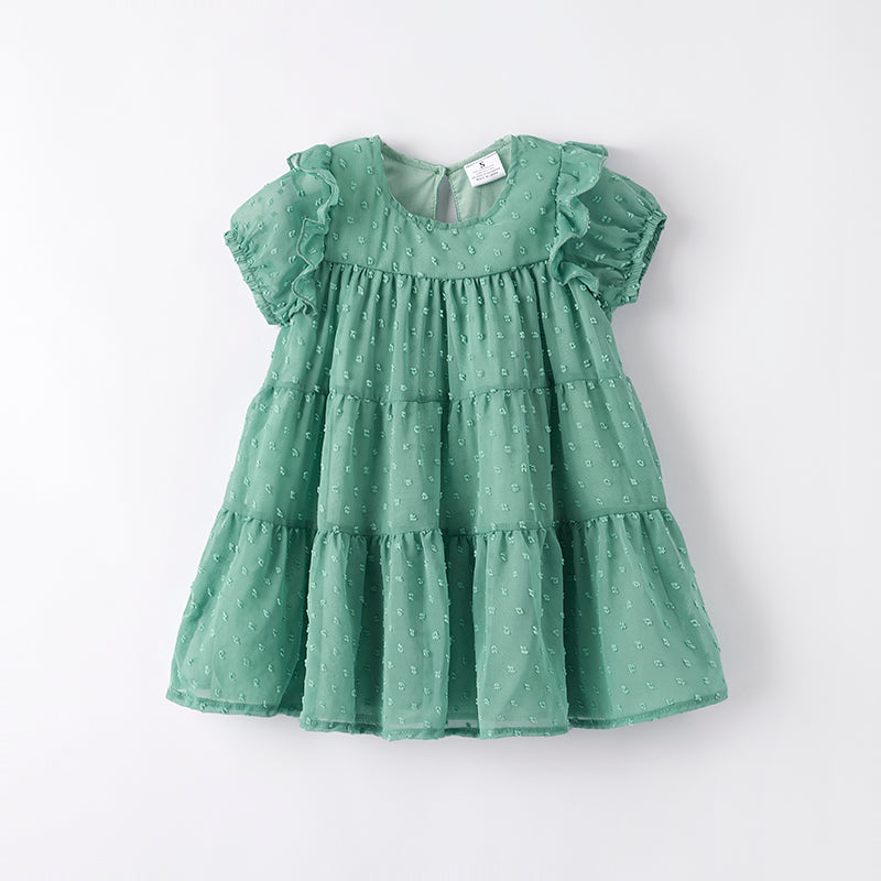 （In Stock）Girls Spring and Summer Green Swiss Dot Dress