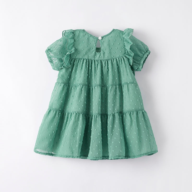 （In Stock）Girls Spring and Summer Green Swiss Dot Dress