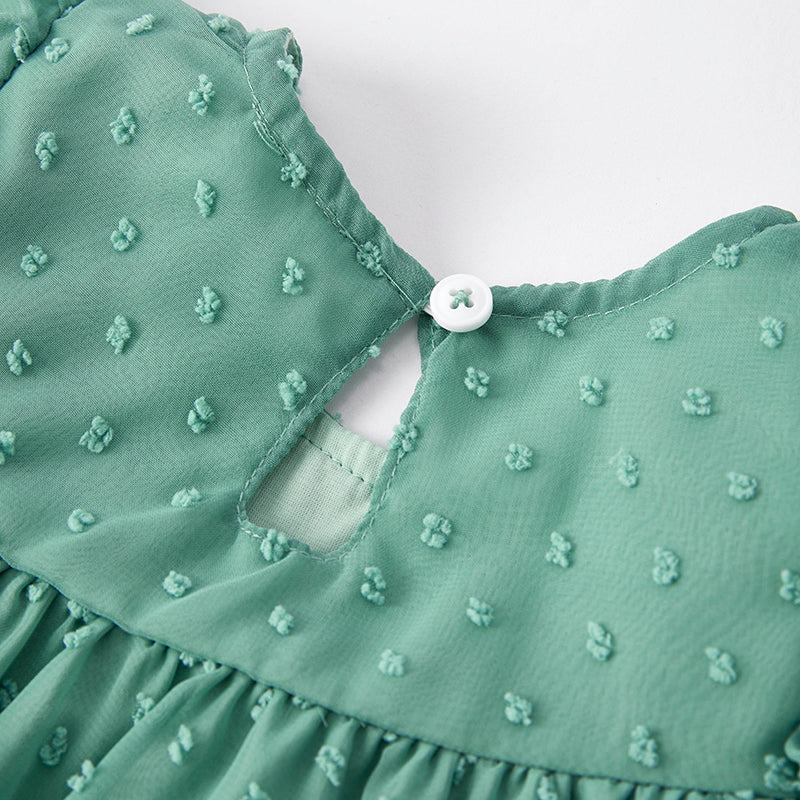 （In Stock）Girls Spring and Summer Green Swiss Dot Dress