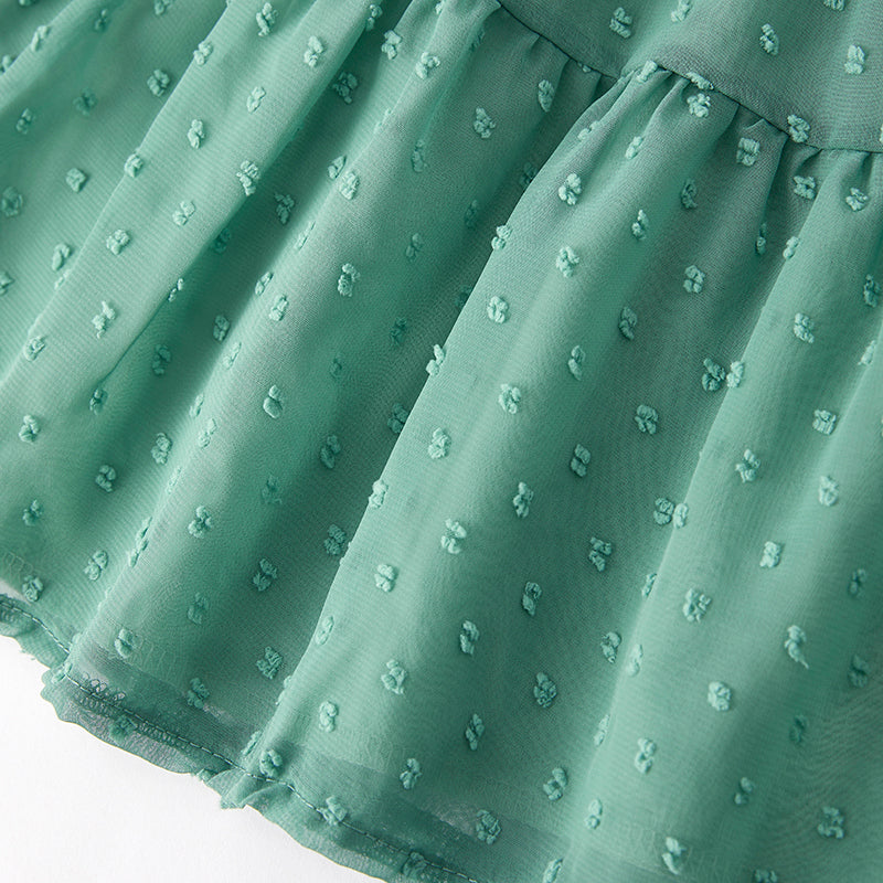（In Stock）Girls Spring and Summer Green Swiss Dot Dress
