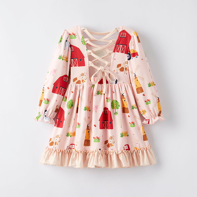 （In Stock）Girls Fall Farm Print Dress