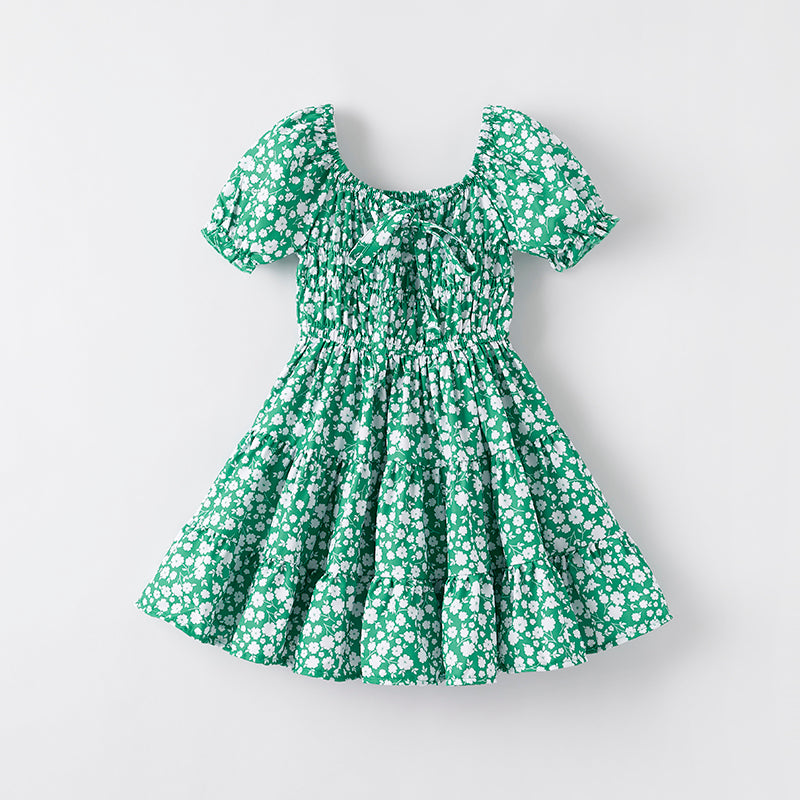 （In Stock）Girls Spring and Summer Green Floral Print Dress