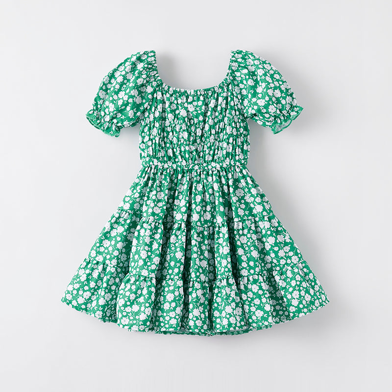 （In Stock）Girls Spring and Summer Green Floral Print Dress