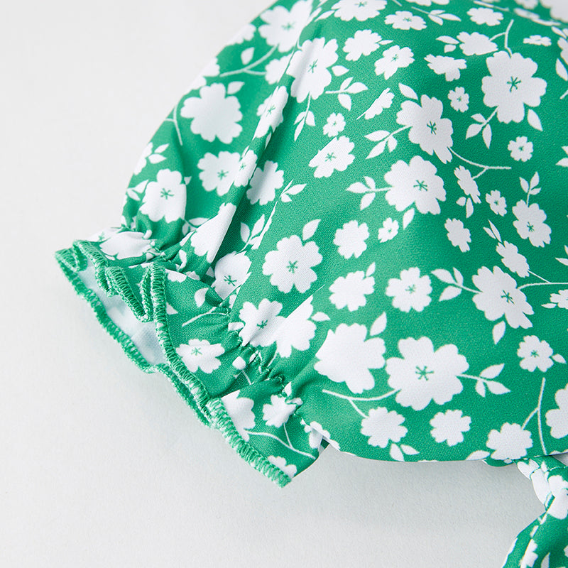 （In Stock）Girls Spring and Summer Green Floral Print Dress