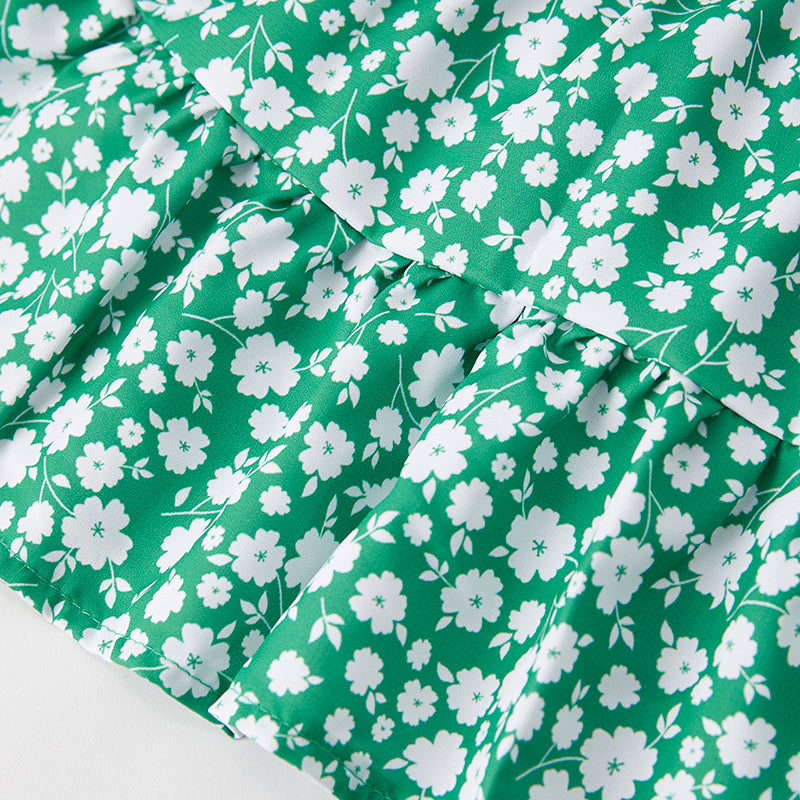 （In Stock）Girls Spring and Summer Green Floral Print Dress