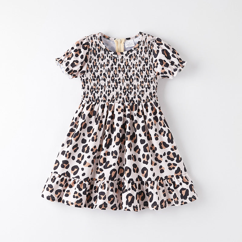 （In Stock）Girls Spring and Summer Leopard Print Smocked Dress