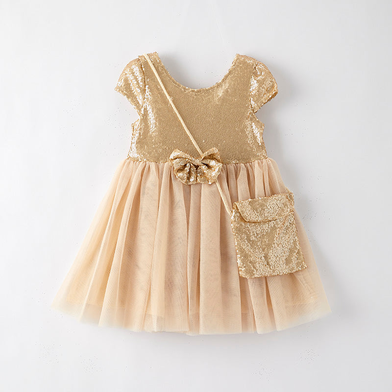 （In Stock）Girls Spring and Summer Champagne Sequin Tulle Dress with Bag
