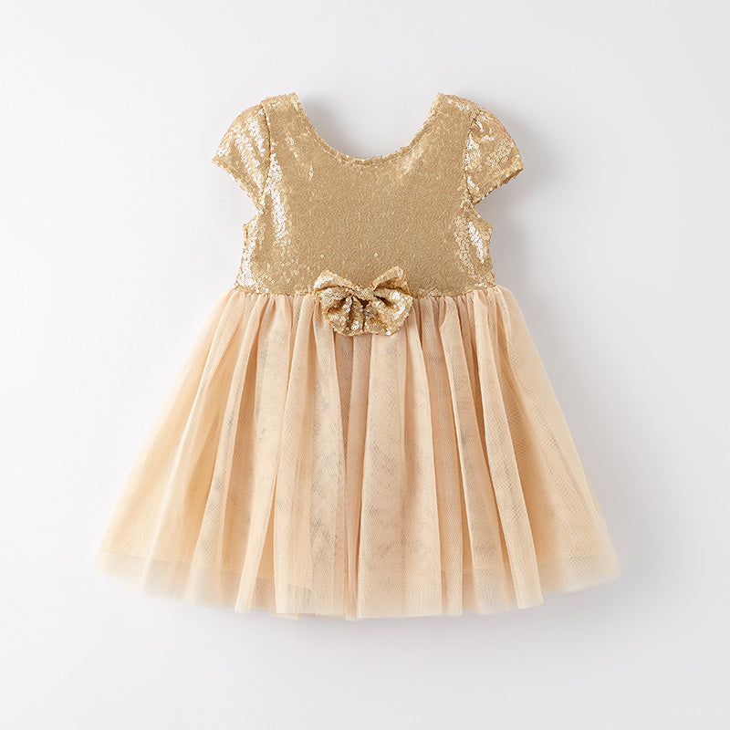 （In Stock）Girls Spring and Summer Champagne Sequin Tulle Dress with Bag