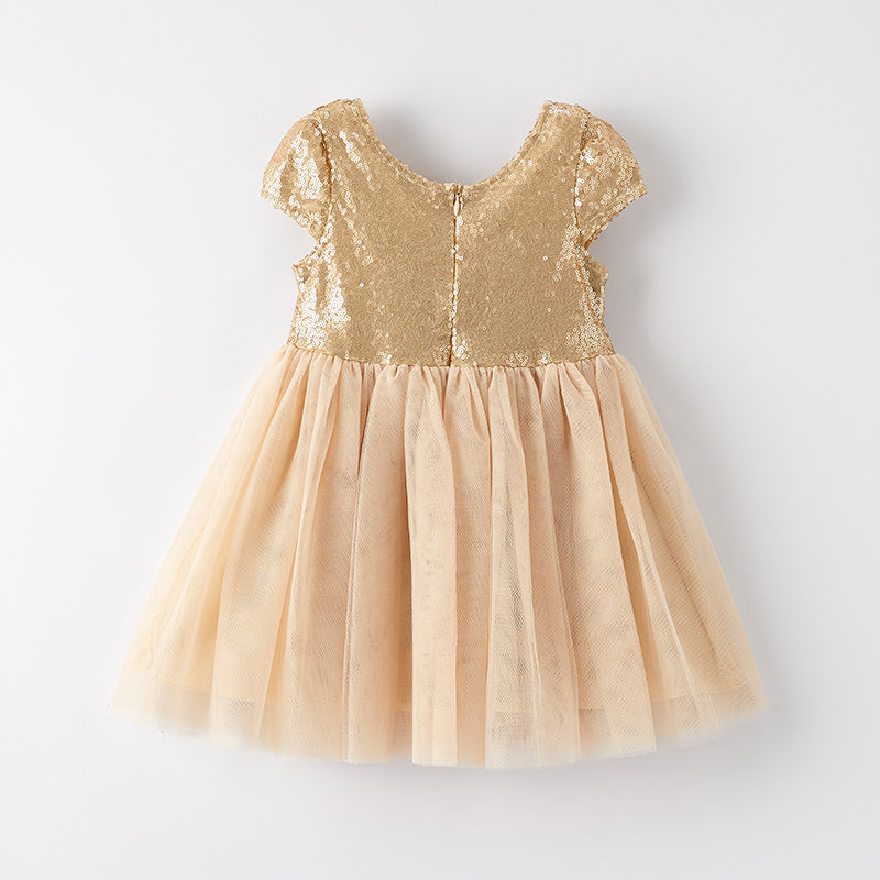 （In Stock）Girls Spring and Summer Champagne Sequin Tulle Dress with Bag
