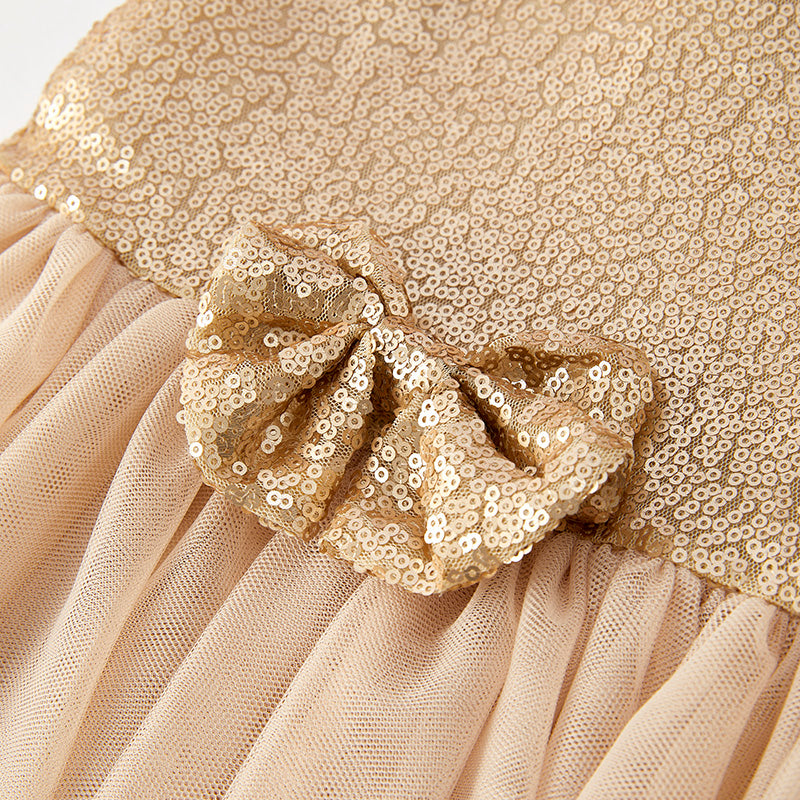 （In Stock）Girls Spring and Summer Champagne Sequin Tulle Dress with Bag