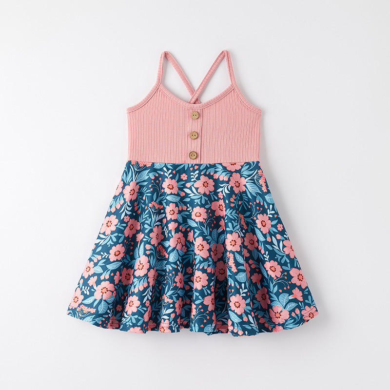 （In Stock）Girls Spring and Summer Pink Floral Print Dress