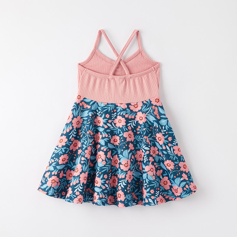 （In Stock）Girls Spring and Summer Pink Floral Print Dress
