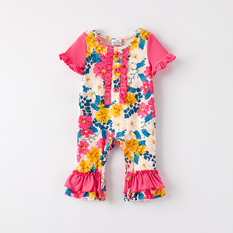 （In Stock）Toddler Girls Spring and Summer Hot Pink Floral Print Romper
