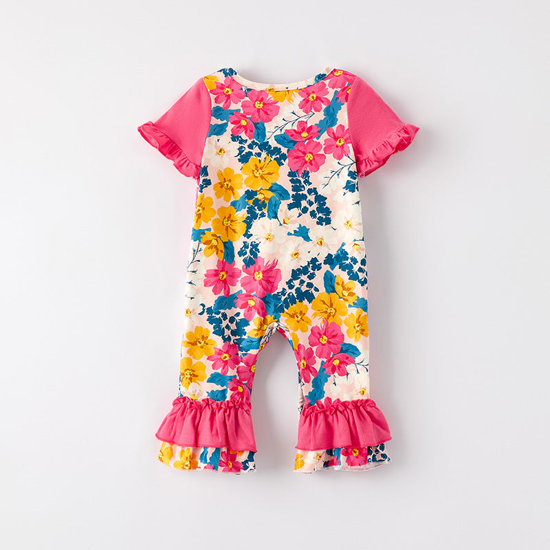 （In Stock）Toddler Girls Spring and Summer Hot Pink Floral Print Romper