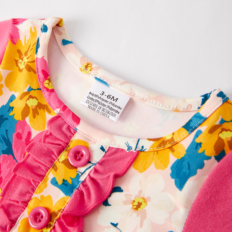 （In Stock）Toddler Girls Spring and Summer Hot Pink Floral Print Romper