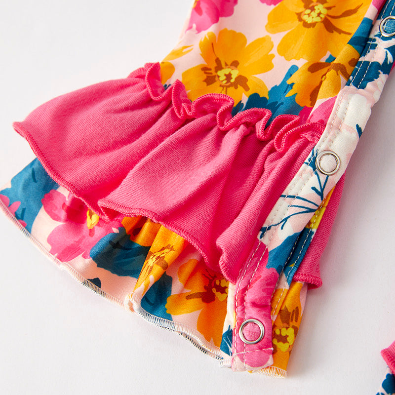 （In Stock）Toddler Girls Spring and Summer Hot Pink Floral Print Romper