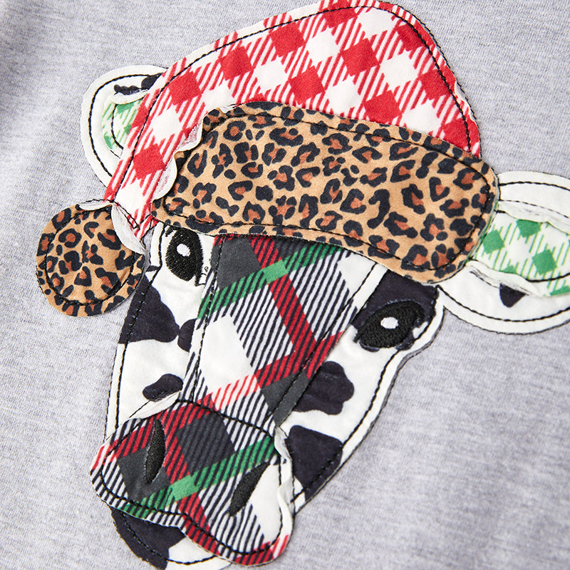 （In Stock L19-3-1）Baby Girls Christmas Cow Applique Romper