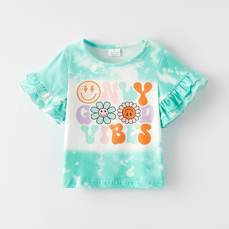 （In Stock）Girls Spring and Summer Good Vibes Print Top